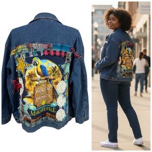 Upcycled Denim Jacket Womens 3X Margaritaville Grunge Patchwork Folk Art Boho